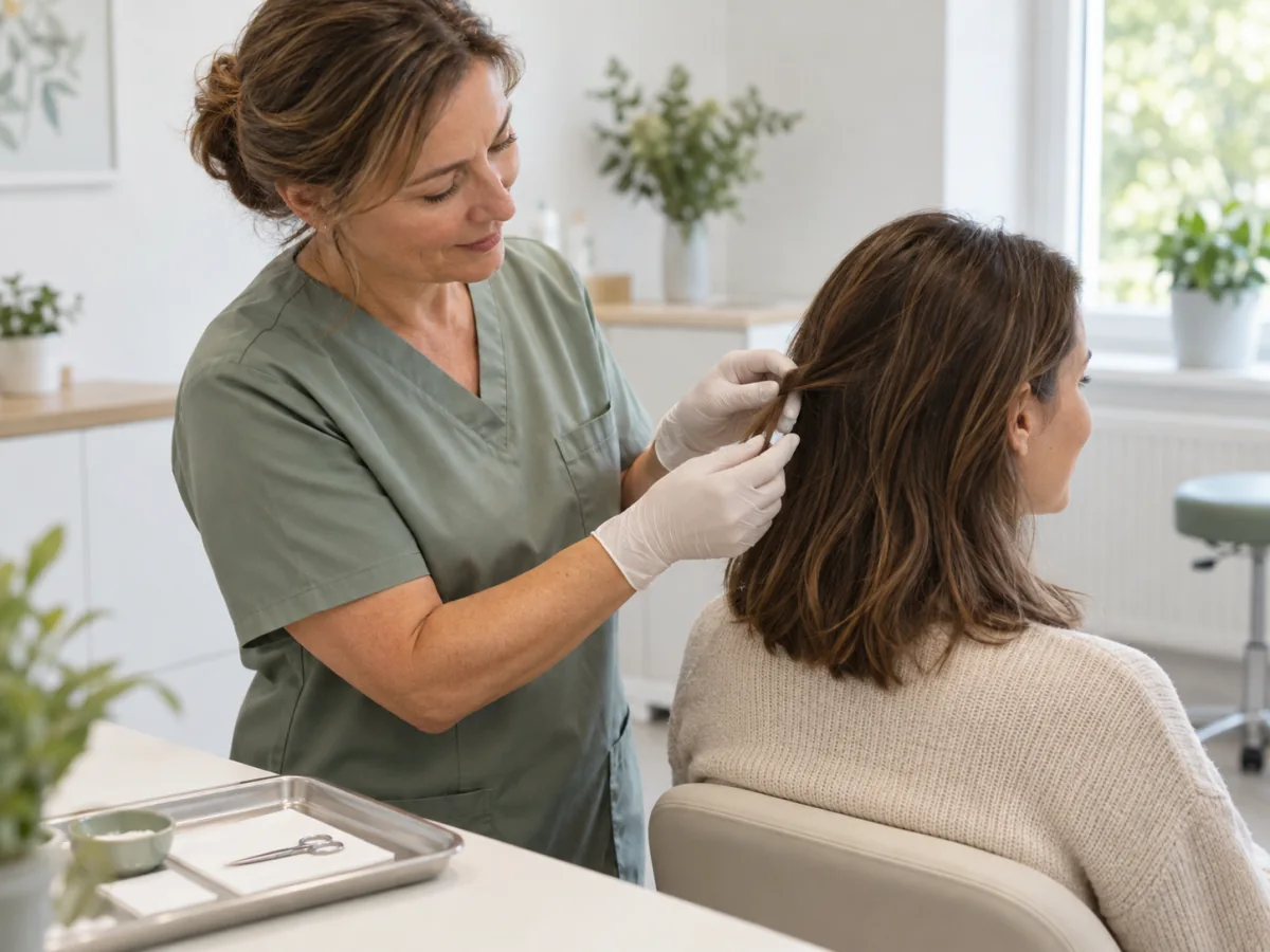 Medizinische Fachkraft bereitet bei einer Kundin die Entnahme einer Haarprobe vor